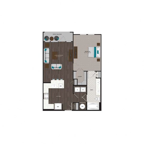 Floor plan for 1 bed, 1 bath, 774 sqft